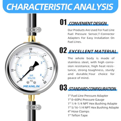 MEANLIN MEASURE 9Pieces KIT 0-60Psi Stainless Steel Liquid Filled Pressure Gauge 1/4" NPT 2.5" FACE DIAL, Back Mount with 1/4" 5/16" Hose Barb, Tee Fittings, WOG Water Oil Air - size: 0-60Psi (9Pcs Kit)