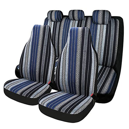 Baja Saddle Blanket Car Seat Covers 7PCS Full Set, Breathable and Washable Striped Woven Automotive Vehicle Seat Cover Universal for Sedan, SUV, Truck, Airbag Compatible - color: High Back Blue Baja, size: Full Set