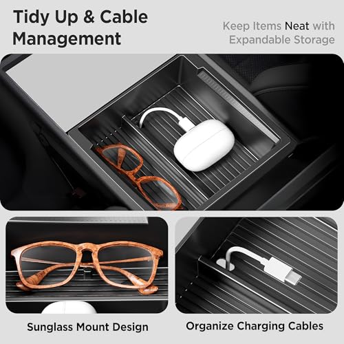 Center Console Organizer Tray for Tesla Model Y Juniper Accessories 2025 2026/For Tesla Model 3 Highland Accessories 2024 2025 2026 [Slide Smoothly/US Patent] Cup Holder Matte Black