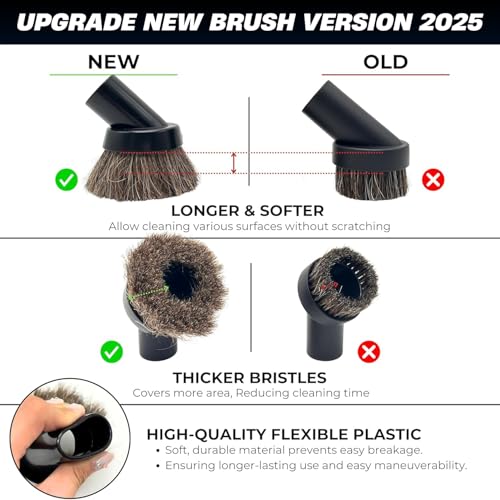 1.25 Inch Premium Soft Horse Hair Vacuum Brush Plus Vacuum Hose Adapter Kit Compatible with Shop Vac Hose 2-1/2'' & 1-1/4'' - Vacuum Attachment for Car Detailing, Furniture & Baseboards