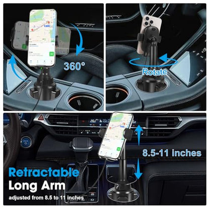DEGUM Upgraded Wireless Car Charger, Cup Holder Phone Mount with 15W Fast Charging Phone Holder Adjustable Long Arm Height, Compatible with iPhone 16 15 14 13 Samsung LG and More (with Car Adapter)
