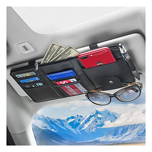 Car Sun Visor Organizer, Leather Storage Pocket Sun Visor Pouch with Zipper for Cards License Registration Pen Glasses Document, Fits Most Car SUV, Auto Interior Accessories for Men Women (Black) - color: Black