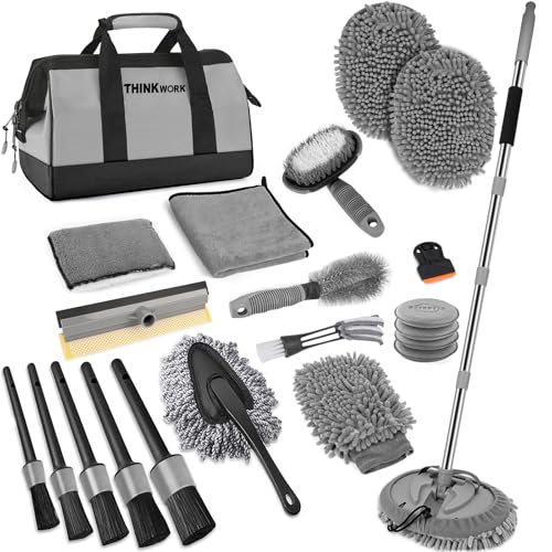 THINKWORK Car Wash Kit, 62'' Car Washing Brush with Long Handle, Extendable Car Wash Brush Mop with 2-in-1 Windshield Squeegee and 9Pcs Detailing Brushes, Gray Car Detailing Kit Gift for Men - size: 23PCS