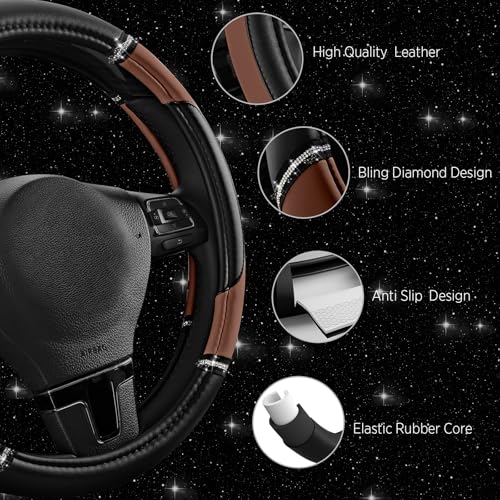 Road Comforts Leather Steering Wheel Cover - Made with PVC Leather - Anti-Slip Steering Wheel Cover Universal Fit Most 14 1/2 inches to 15 inches - Brown Color - color: Brown