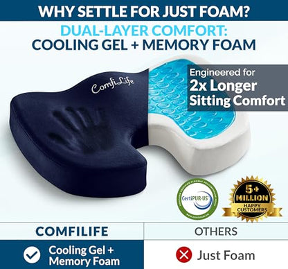ComfiLife Gel Enhanced Seat Cushion – Office Chair Cushion – Non-Slip Gel & Memory Foam Coccyx Cushion for Tailbone Pain - Desk Chair Car Seat Cushion Driving - Sciatica & Back Pain Relief (Navy) - color: Navy Blue