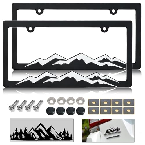 Mountain License Plate Frames - Plastic Car Tag Holders with Raised Mountain Design, White on Black, 2 Pack 2 Hole with Screws & Caps, Mountain Vinyl Sticker Included - color: White