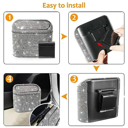Accmor Bling Car Trash Can with 30pcs Garbage Bags, Vehicle Trash Bin with Lid Auto Dustbin Organizer Garbage Storage, Sparkling Crystal Mini Trash Container Holder - color: Black/White Rhinestone