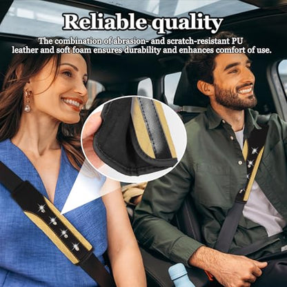 Hovom 2PCS Bling Car Seat Belt Cover Pad, Leather Seatbelt Covers for Cars, Soft Safety Seatbelt Shoulder Strap Covers, Rhinestone Auto Seat Belt Protector Cushion for Women Girls (Beige) - color: Beige