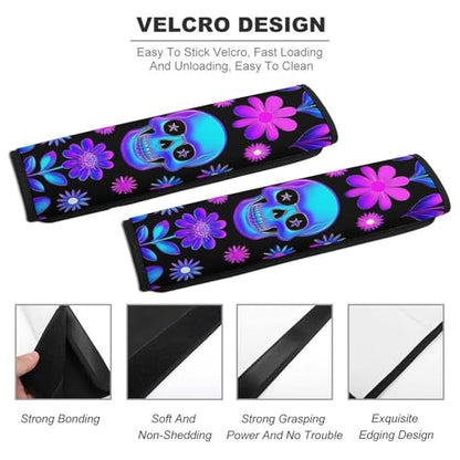 Men's Car Belt Covers 2PCS Fashion Cushion Pad Car Shoulder Strap Harness Pad Neon Purple Flowers Floral Skull - color: Color849