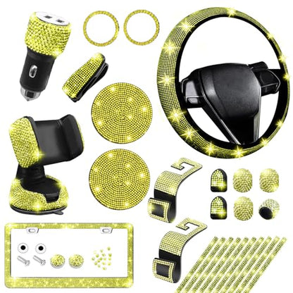 NBTEPEM 27 PCs Yellow Bling Car Accessories Set for Women, Steering Wheel Covers Universal Fit 15 Inch, Bling License Plate Frame, Bling Phone Holder, Bling Car Coasters (Yellow Diamond) - color: Yellow Diamond