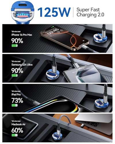 【Upgraded】 125W USB C Car Charger Super Fast Charging for iPhone 16, [PD65W & QC60W][All Metal] MRGLAS Cigarette Lighter Car Charger,Dual Port for iPhone 16 15 Pro iPad Samsung S25 S24 MacBook-Blue - color: Blue