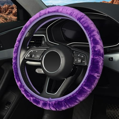 KAFEEK Purple Elastic Fuzzy Steering Wheel Cover, Microfiber Plush Steering Wheel Cover for Woman Girl,Winter Warm, Universal 15 inch - color: Purple