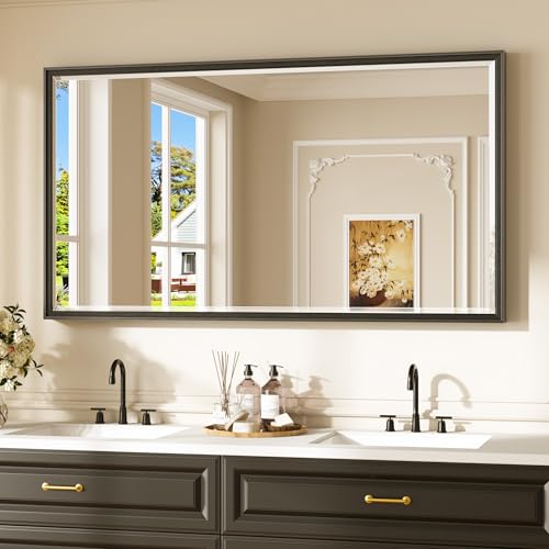 Keonjinn 55" x 30" Black Bathroom Vanity Mirror, Black Metal Framed Mirror, Beveled Edge Tempered Glass, Aluminum Alloy, Rustproof, Decorative Wall Mirrors for Entryway, Hallway(Vertical/Horizontal) - color: Black, size: 30"L x 55"W