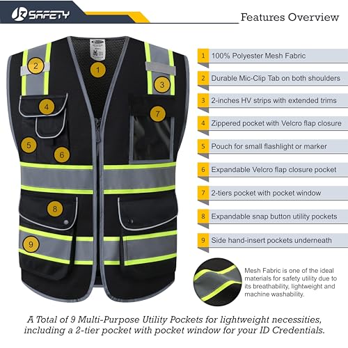 JKSafety 9 Pockets High Visibility Zipper Front MESH Black Safety Vest | Black with Dual Tone High Reflective Strips | ANSI/ISEA Standards (100-Black, M) - color: Mesh-black, size: Medium