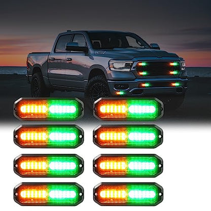 WINECO Green/Amber led strobe lights for trucks 8pcs 12-LED Surface Mount Flashing Strobe Lights kit for Trucks Car Vehicles LED Mini Grille Grill Strobe Light Head Emergency Hazard Warning lights - color: Green/Amber