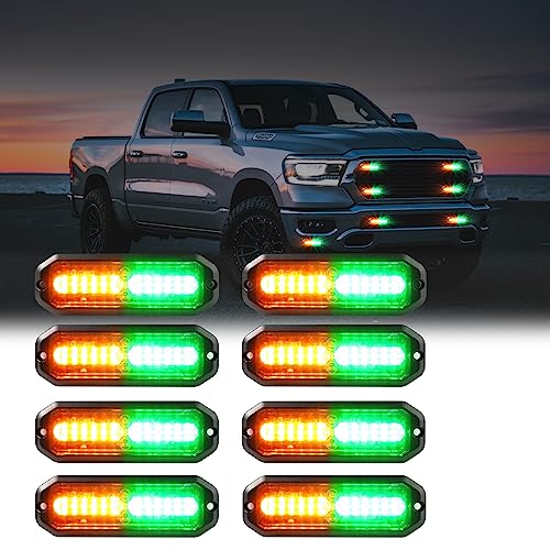 WINECO Green/Amber led strobe lights for trucks 8pcs 12-LED Surface Mount Flashing Strobe Lights kit for Trucks Car Vehicles LED Mini Grille Grill Strobe Light Head Emergency Hazard Warning lights - color: Green/Amber