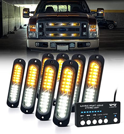 LUMENIX White Amber LED Surface Mount Strobe Flashing Lights Kit w/Controller 8PCS Grille Side Marker Emergency Warning Caution Light Assemblies for Construction Vehicles Trucks, Traffic| Sync Feature - color: White&Amber