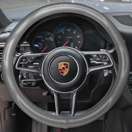 HAOKAY Top Grade Gray Genuine Leather Steering Wheel Cover Men Women, Luxury Steering Wheel Cover for Cars, SUVS and Trucks, Universal 14.5-15 inch - color: GRAY