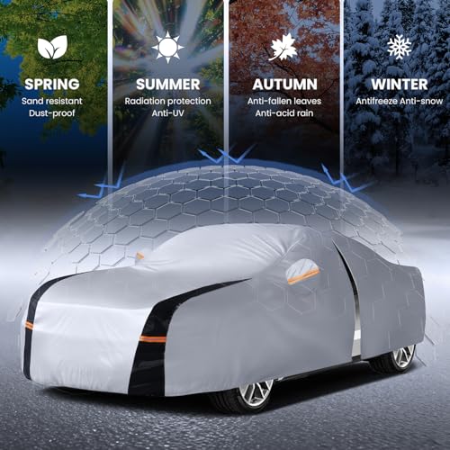 Sedan Car Cover 100% Waterproof All Weather, 10 Layers Outdoor Car Covers for Automobiles - Sun & Rain Protector Full Exterior Covers. Custom Fit Lexus ES, Ford Taurus, Audi A6, Cadillac XTS, etc. A3 - size: A3 Fit Sedan 193"-203" (See Size Chart)
