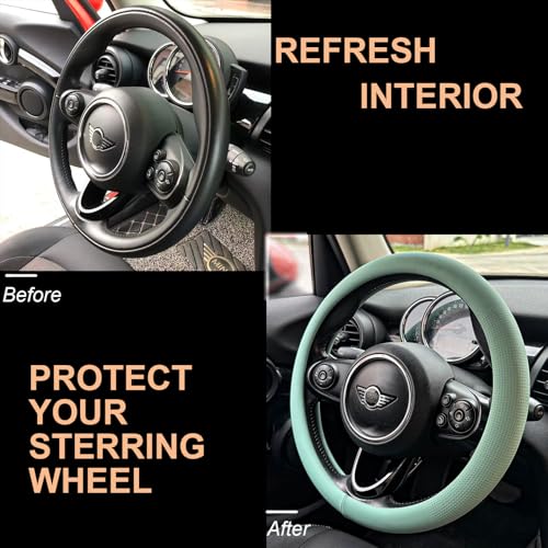 PINCTROT Nappa Leather Steering Wheel Cover, Slim Fit No Bulk Design, One Piece Leather with Breathable Perforation, Fit Like Gloves, Universal 14.5-15 Inch(Nappa Mint) - color: 09.Mint, size: Medium(Standard) Size[14 1/2''-15'']