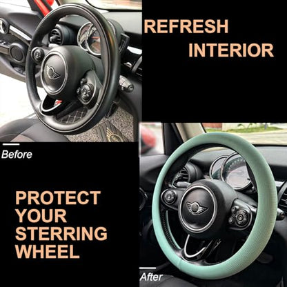 PINCTROT Nappa Leather Steering Wheel Cover, Slim Fit No Bulk Design, One Piece Leather with Breathable Perforation, Fit Like Gloves, Universal 14.5-15 Inch(Nappa Mint) - color: 09.Mint, size: Medium(Standard) Size[14 1/2''-15'']