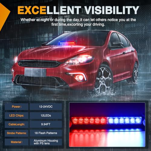 Nilight 12LED Traffic Advisor Strobe Light Bar Red Blue Emergency Warning Hazard Safety Dash Front/Rear Windshield Flashing Lights for Cars Trucks Police Firefighter Plow Construction Vehicles - color: Red Blue