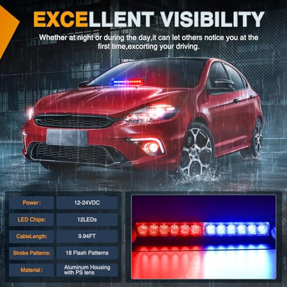 Nilight 12LED Traffic Advisor Strobe Light Bar Red Blue Emergency Warning Hazard Safety Dash Front/Rear Windshield Flashing Lights for Cars Trucks Police Firefighter Plow Construction Vehicles - color: Red Blue