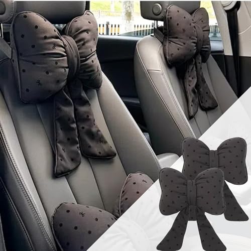 2PCS Chic Car Headrests with Bow-Shaped Cotton Linen Bowknot Neck Pillows for Cozy Road Trip & Cute Interior Decoration (Black Polka) - color: Black Polka