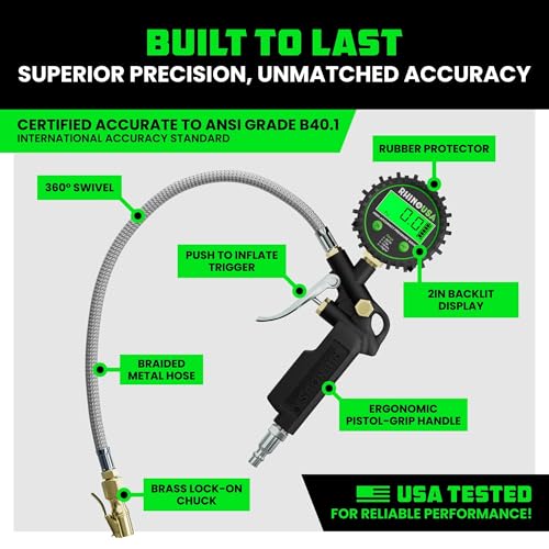 Rhino USA Digital Tire Pressure Gauge with Inflator (250 PSI) Professional Air Chuck & Air Compressor Attachments - High Pressure Tire Gauge with 0.1 Display Resolution - Best Car Accessories (1-Pack) - style: 250psi Digital