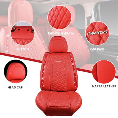 CAR PASS Nappa Leather Bling Diamond Car Seat Covers Full Set Universal Cushioned, Waterproof Heavy-Duty Anti-Slip Luxury Leather, Fit for SUV Sedan, Sparkly Glitter Shining Crystal Red Rhinestones - color: Red Diamond, size: Full Set