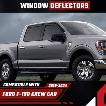 Rain Guards Compatible with Ford F150 SuperCrew 2017 2018 2019 2020 2021 2022 2023 2024 2025, Durable Tape-on Window Deflectors 2017-2025 F150 Trucks Window Rain Guard 4PCS - size: Fit for 2015-2024 Ford F150 Tape-on