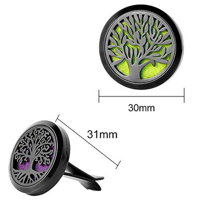 RoyAroma 2PCS Tree of Life Car Diffuser Aromatherapy Essential Oil Black Stainless Steel Locket with Vent Clip 12 Felt Pads - color: Black B