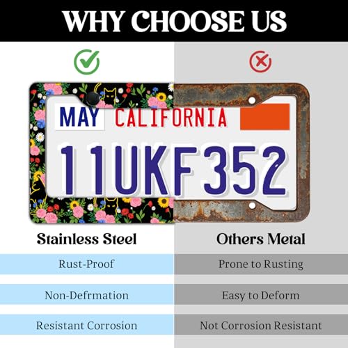 2 Pack License Plate Frames, Flower License Plate Cover, Universal US Stainless Steel License Plate Holder with Screws for Women Men - color: Flower & Cat