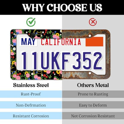 2 Pack License Plate Frames, Flower License Plate Cover, Universal US Stainless Steel License Plate Holder with Screws for Women Men - color: Flower & Cat