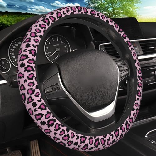 Pink Leopard Print Elastic Steering Wheel Cover, Non-Slip Breathable Neoprene Steering Wheel Covers, Women Pink Car Accessories, Universal 15 Inch Fit Auto, Suvs, Truck - color: Pink Leopard Print