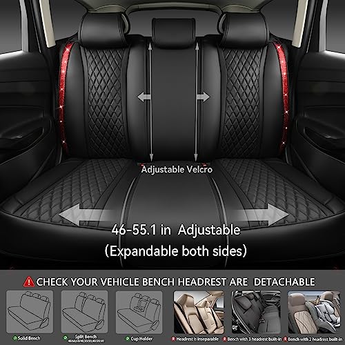 CAR PASS Nappa Leather Bling Diamond Black Red Seat Covers Full Set, Waterproof Calfskin Heavy-Duty Anti-Slip, Universal Fit for 95% Auto SUV Sedan Truck, Glitter Sparkle Shining (Red Rhinestone) - color: Black and Red Diamond, size: Full Set
