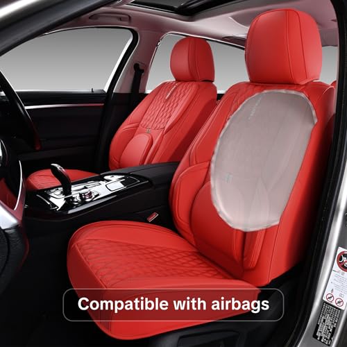 Red Car Seat Covers, Universal Fit for Most Vehicles, Premium Waterproof Leather, Pet-Friendly Car Seat Covers with Lumbar Support, Non-Slip, Airbag Compatible, Protects Car Interior - color: Red