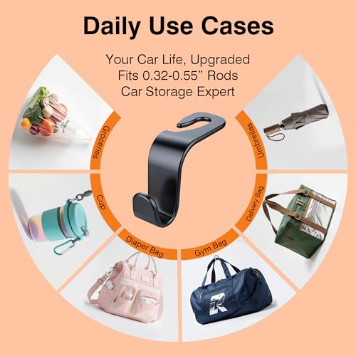 Car Seat Hooks & Purse Holder - 4 Pack Boxed,55 lb Heavy Duty,Eco PP Car Hooks for Purse/Bag/Baby Gear/Gym Bag/Groceries/Cup/,Fits 0.32-0.55”Car Headrest Rods (Black) - color: Black
