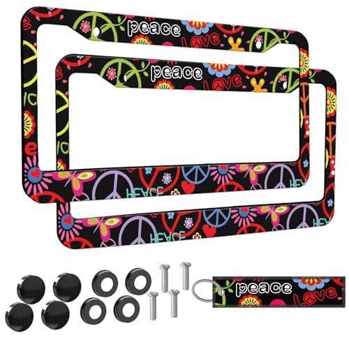 2pcs Hippies Peace Floral License Plate Frame for Women, Funny Love and Peace car Decorative tag Frames Girly, Hippie Peace Flower License Plate Cover Holder for Vehicle with car Keychain tag - color: for love and peace