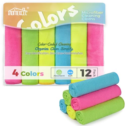 HOMEXCEL Microfiber Cleaning Cloth 210GSM, Pack of 12, Size:11.5" x 11.5", Ultra-Soft, High-Density Non-Abrasive Cleaning Towels for Cars, Glass, Kitchen, Reusable Rags, Blue/Green/Yellow/Pink - color: Multicolor