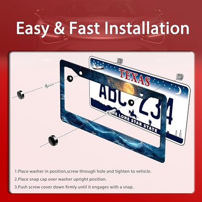 Blue Ocean Wave License Plate Frame Moon License Plate Stainless Steel Funny Auto Accessory Bracket 6.3 x12.3 Inch with Screws - color: Ocean Wave Moon