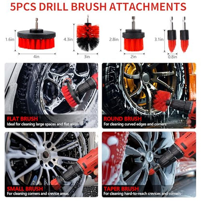 32Pcs Red Car Detailing Kit – Brush Set & Cleaning Kit with Drill Brush, Polishing/Waxing Pads, Interior/Exterior Tools for Wheels & Windshield – Portable Handbag