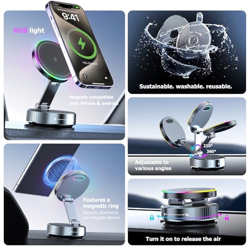MagSafe Car Mount Charger 15W, Magnetic Wireless Car Charger with Vacuum Suction Cup, Strong Magnet Phone Holder for Dashboard, Compatible with iPhone 12-17 Pro Max & Android