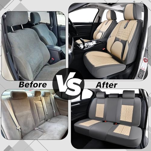 Khaki Car Seat Cover Complete Set, Universal Car Seat Cover for Car with Lumbar Support, Premium Artificial Leather, Waterproof and Easy to Clean, Airbag Compatible, Seat Heating Compatible - color: Khaki