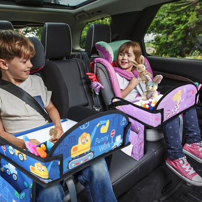 2PCS Kids Travel Tray for Airplane - Toddler Car Seat Table Tray, Road Trip Essentials for Boys & Girls, Carseat Lap Desk for Kids Road Trip Activities (Dark Blue Car/Purple Mermaid) - color: Dark Blue Car/Purple Mermaid--2PCS