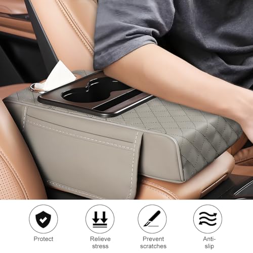 Car Armrest Cushion, 5-in-1 Nappa Leather Vehicle Centre Console Cover with 2 Storage Pockets, Cup Phone & Phone Holder, Multifunctional Auto Organiser Accessories, Universal Fit (Gray) - color: Gray