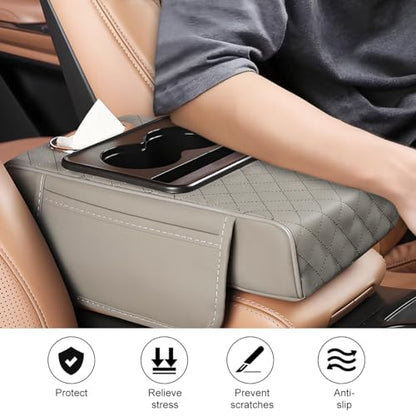 Car Armrest Cushion, 5-in-1 Nappa Leather Vehicle Centre Console Cover with 2 Storage Pockets, Cup Phone & Phone Holder, Multifunctional Auto Organiser Accessories, Universal Fit (Gray) - color: Gray