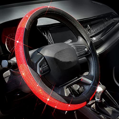 ChuLian New Diamond Leather Steering Wheel Cover with Bling Bling Crystal Rhinestones, Universal Fit 15 Inch Car Wheel Protector for Women Girls Red Diamond - color: Red Diamond, size: Standard Size[14"1/2-15"]
