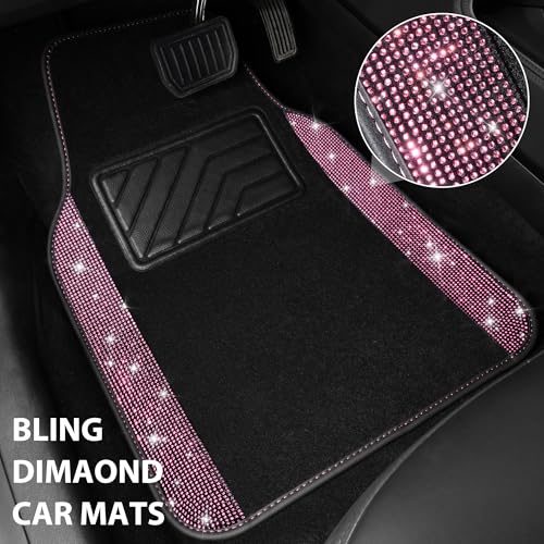 CAR PASS Bling Diamond Car Floor Mat Shining Rhinestones Carpet, Sparkly Glitter Crystal Anti-Slip PVC Heel Pad Automotive Universal Fit for SUV Sedan Car Van, 4pcs for Girl Cute Women, Black Pink - color: Pink Diamond