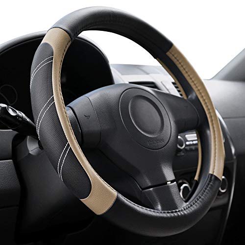 Elantrip Steering Wheel Cover Leather 15 1/2 to 16 inch Universal Large Soft Grip Breathable for Car Truck SUV Jeep Anti Slip Beige - color: Black and Beige, size: 15 1/2 - 16 Inch